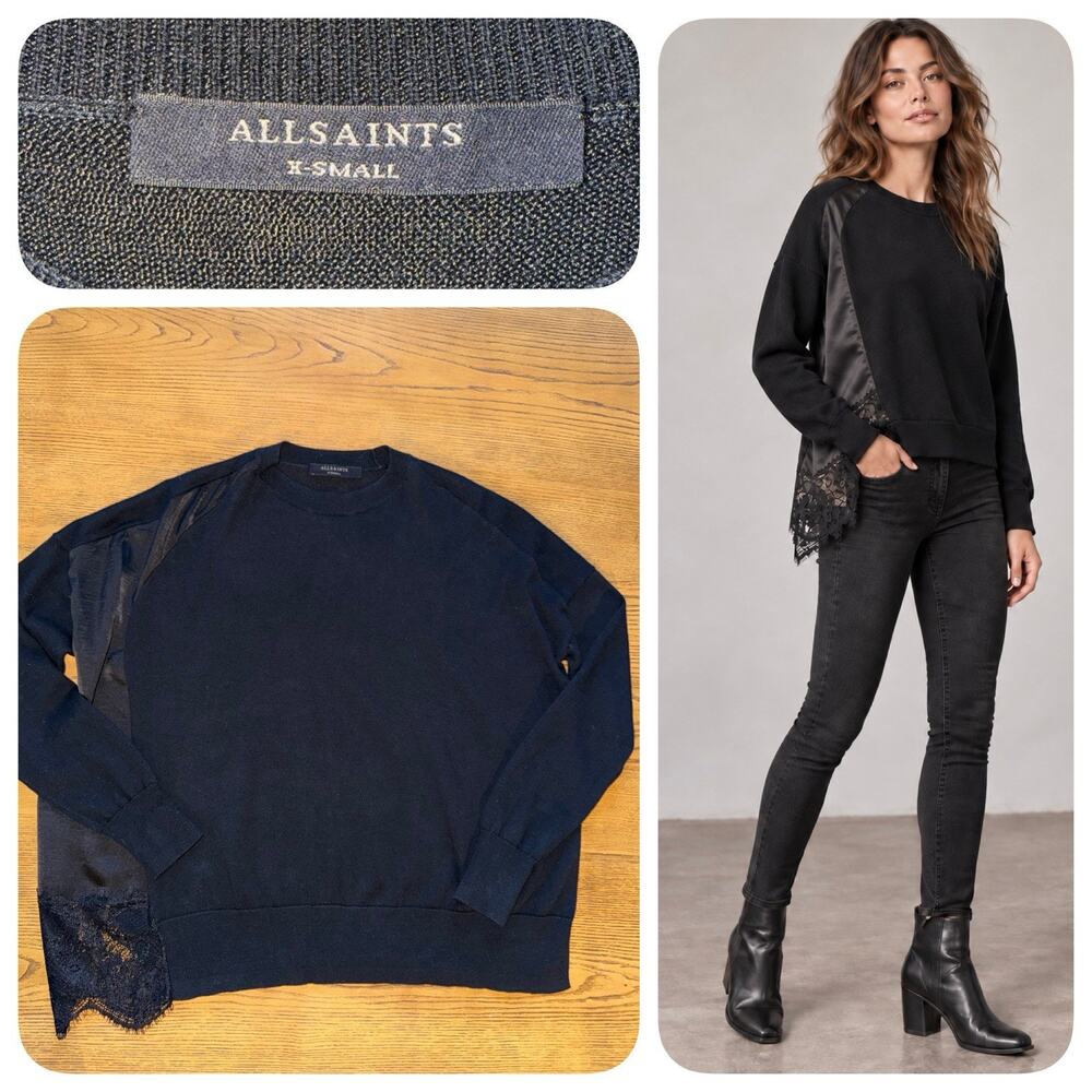 AllSaints Paola Crew Neck Sweater XS Black Lace Satin Mixed Media Asymmetrical